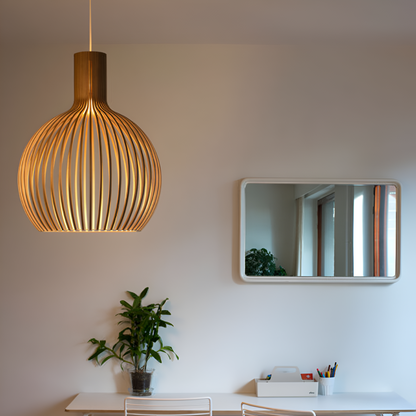 Slatted Wooden Drum Pendant Light E27 Socket Natural Finish Cage Ceiling Fixture for Kitchen Island Entryway Bedroom Farmhouse Modern Rustic