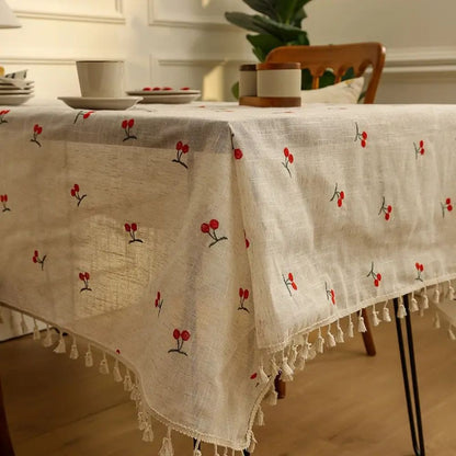 Vesta Tablecloth - Microfiber Blend with Red Cherry Tassels