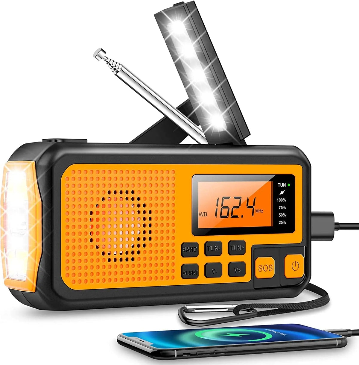 Radio portátil AM FM, radio de emergencia con panel solar, radio de manivela con banco de energía solar y linterna LED