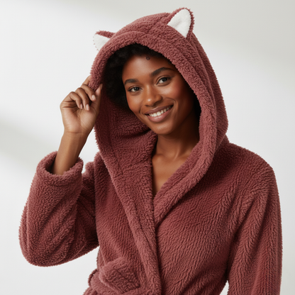Wynora Women's Robe with Animal Ears - Plush Polyester Fleece, Cozy Fit