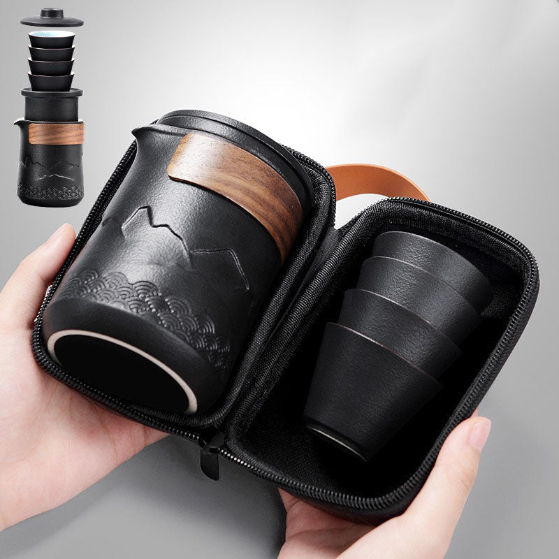 Portable Ceramic Teapot Set with 4 Cups and Travel Case for Gongfu Brewing Office Camping Outdoor Tea Ceremony Black 12 fl oz Pot