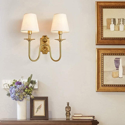 Fabric Sconce with Two Arms for Bedroom & Living Room – Brass Finish, Soft White Shades, E12/E14 Socket, Hardwired, 110-120V, Covers 54-108