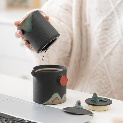 Ceramic Loose Leaf Tea Brewing Kit with Built-In Filter, Wooden Handle Teapot & Cups, Portable Tea Set for Camping, Office & Outdoor Use