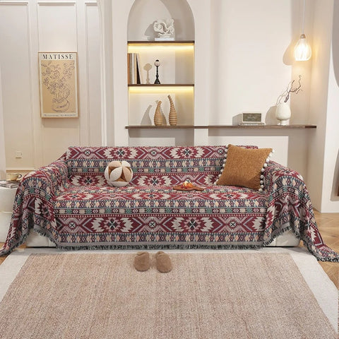 Ortekor Zarela | Funda de sofá de chenilla bohemia con diseño jacquard y bordes con borlas | Protección elegante para la decoración del hogar