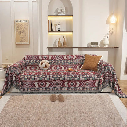 Ortekor Zarela | Funda de sofá de chenilla bohemia con diseño jacquard y bordes con borlas | Protección elegante para la decoración del hogar