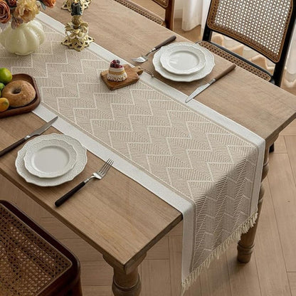 Fringed Woven Runner for Dining Tables – Zigzag Textured Microfiber Protection with Sandstone Tones – Coffee Table Accent for Modern and Min