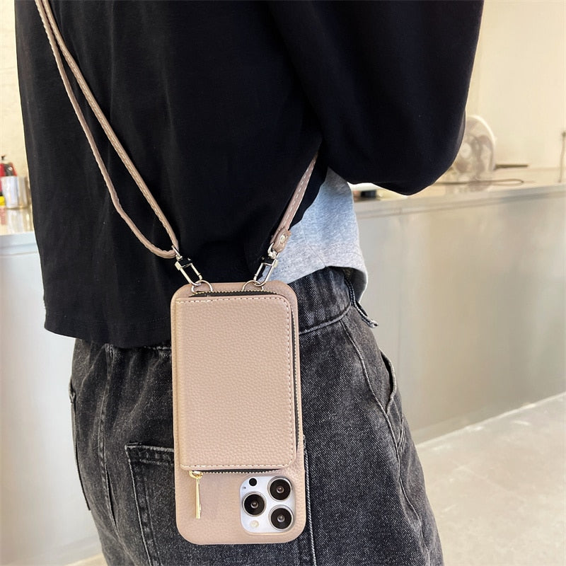 iPhone Wallet Case with Detachable Crossbody Strap & Card Holder – Hands-Free Phone Pouch for Women & Men – Vegan Leather Cover with