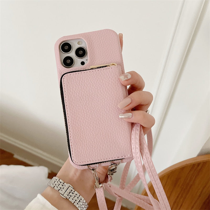 iPhone Wallet Case with Detachable Crossbody Strap & Card Holder – Hands-Free Phone Pouch for Women & Men – Vegan Leather Cover with