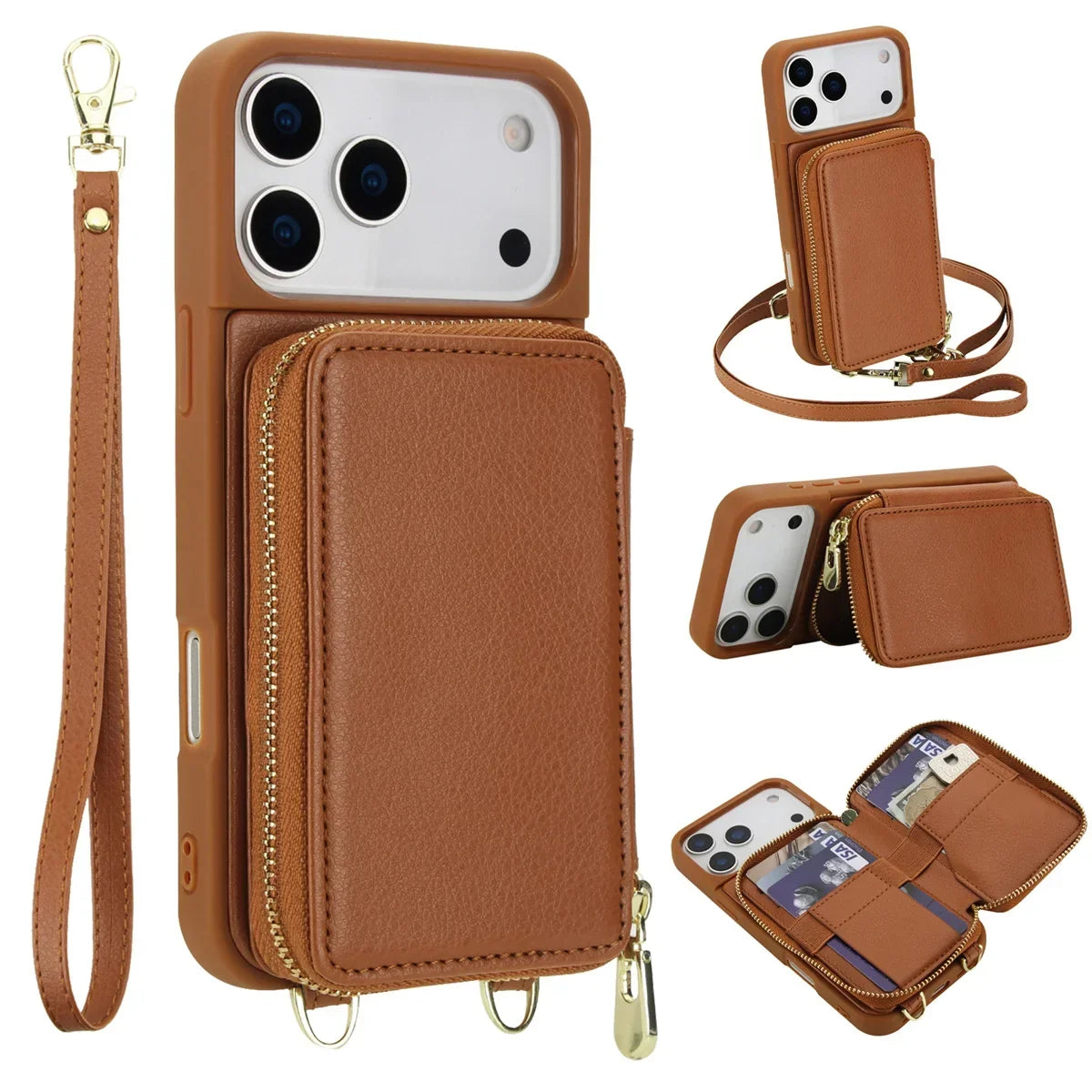 iPhone Wallet Case with Detachable Crossbody Strap & Card Holder – Hands-Free Phone Pouch for Women & Men – Vegan Leather Cover with