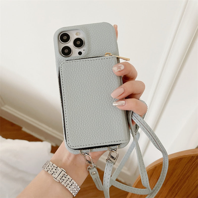 iPhone Wallet Case with Detachable Crossbody Strap & Card Holder – Hands-Free Phone Pouch for Women & Men – Vegan Leather Cover with