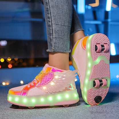 LED Light-Up Wheeled Sneakers for Kids – Pink Canvas High-Top with Wing Design & USB Charging for Girls & Teens