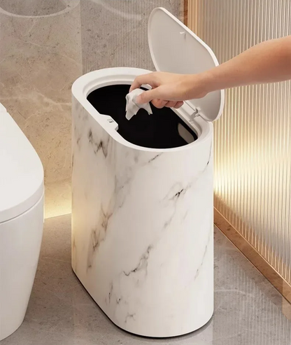 Push-Top Waste Basket with Marble-Look Finish – Slim Oval Design for Small Bathrooms, Bedrooms & Home Offices