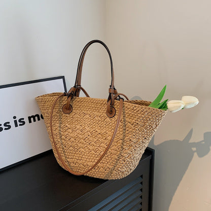 Woven Straw Summer Tote Bag with Spacious Interior for Beach, Travel & Everyday Use | Lightweight Natural Shoulder Bag
