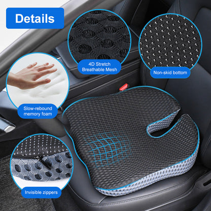 Contoured Car Seat Cushion with Memory Foam Support for Coccyx Relief and Posture Improvement
