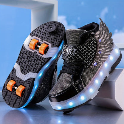 LED Light-Up Wheeled Sneakers for Kids – Pink Canvas High-Top with Wing Design & USB Charging for Girls & Teens