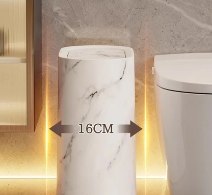 Push-Top Waste Basket with Marble-Look Finish – Slim Oval Design for Small Bathrooms, Bedrooms & Home Offices