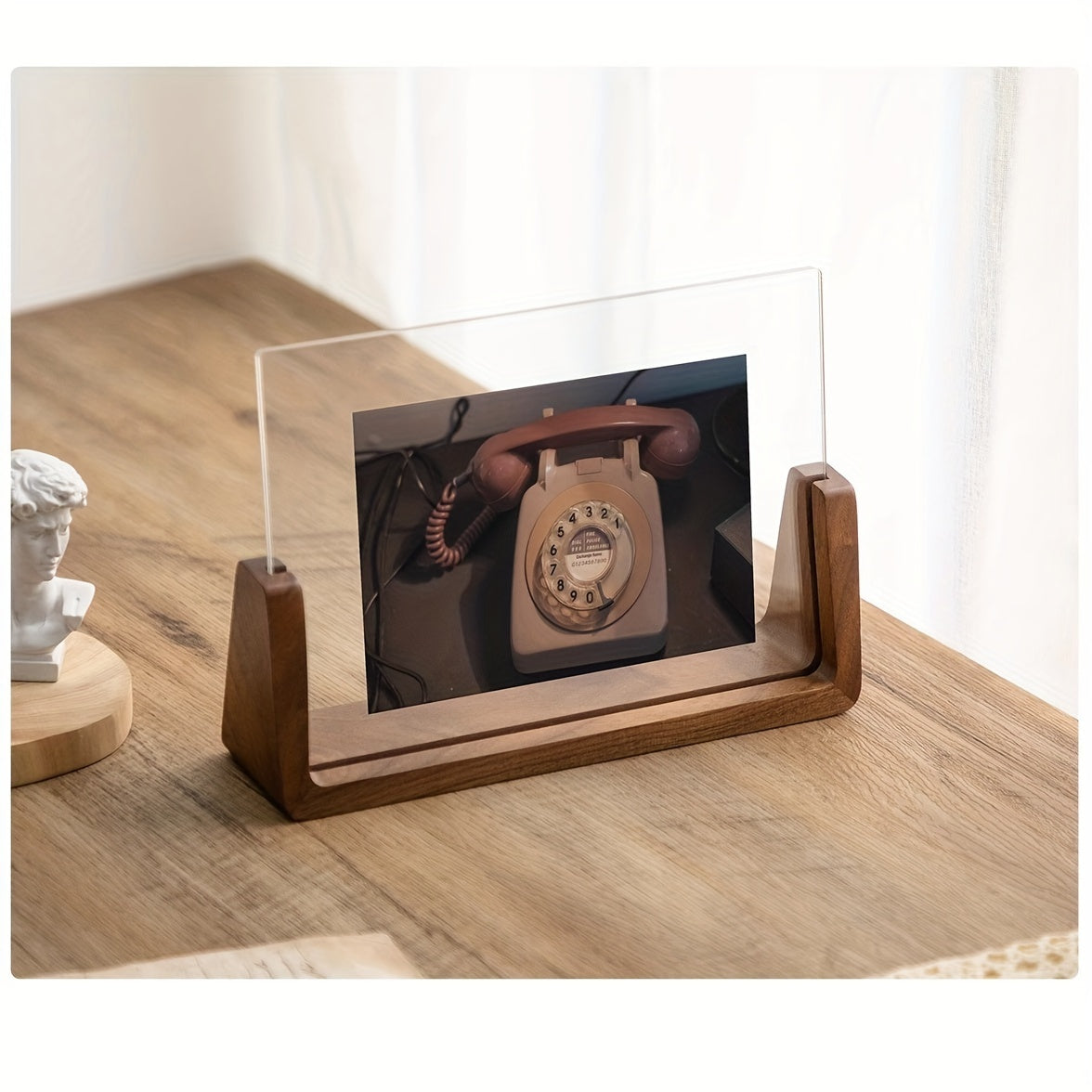 Clear Acrylic Photo Display Stand with Wood Base – Portrait or Landscape Picture Holder for Desk, Shelf, Bedroom Decor
