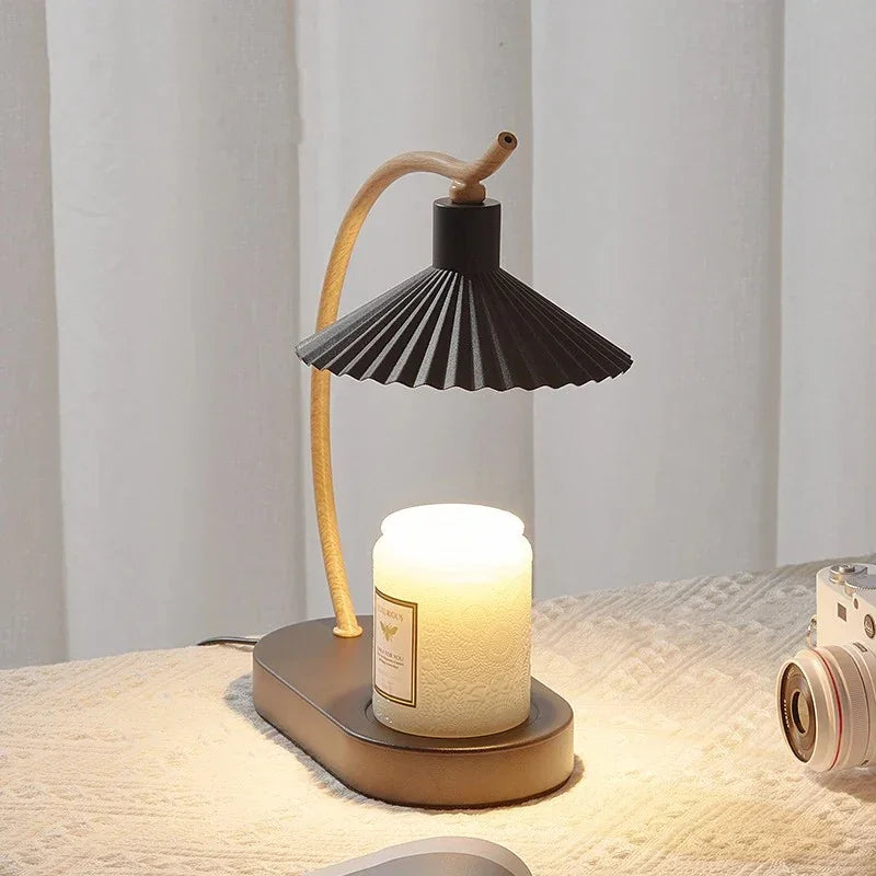 Tabletop Wax Melt Warmer with LED Glow - Wood Accent & Pleated Fabric Shade for Scent Diffusion & Gentle Illumination