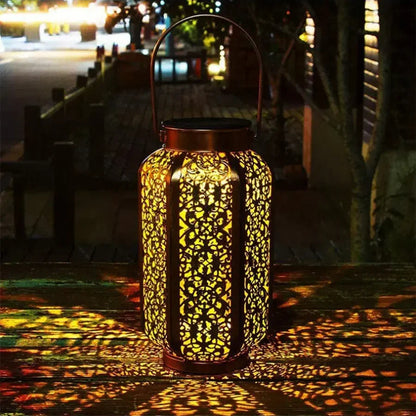 Sun-Charged Metal Garden Lantern with Cutout Moroccan Design for Porch, Deck & Yard Lighting