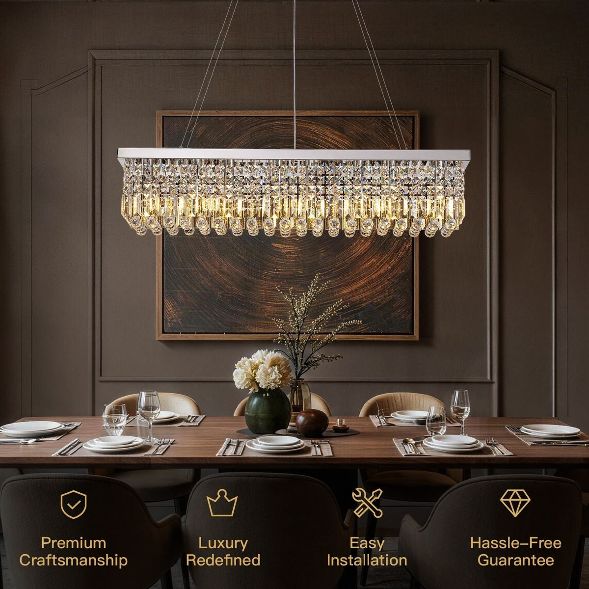 Linear K9 Glass Drop Ceiling Light Fixture for Dining Room & Kitchen – Chrome Finish