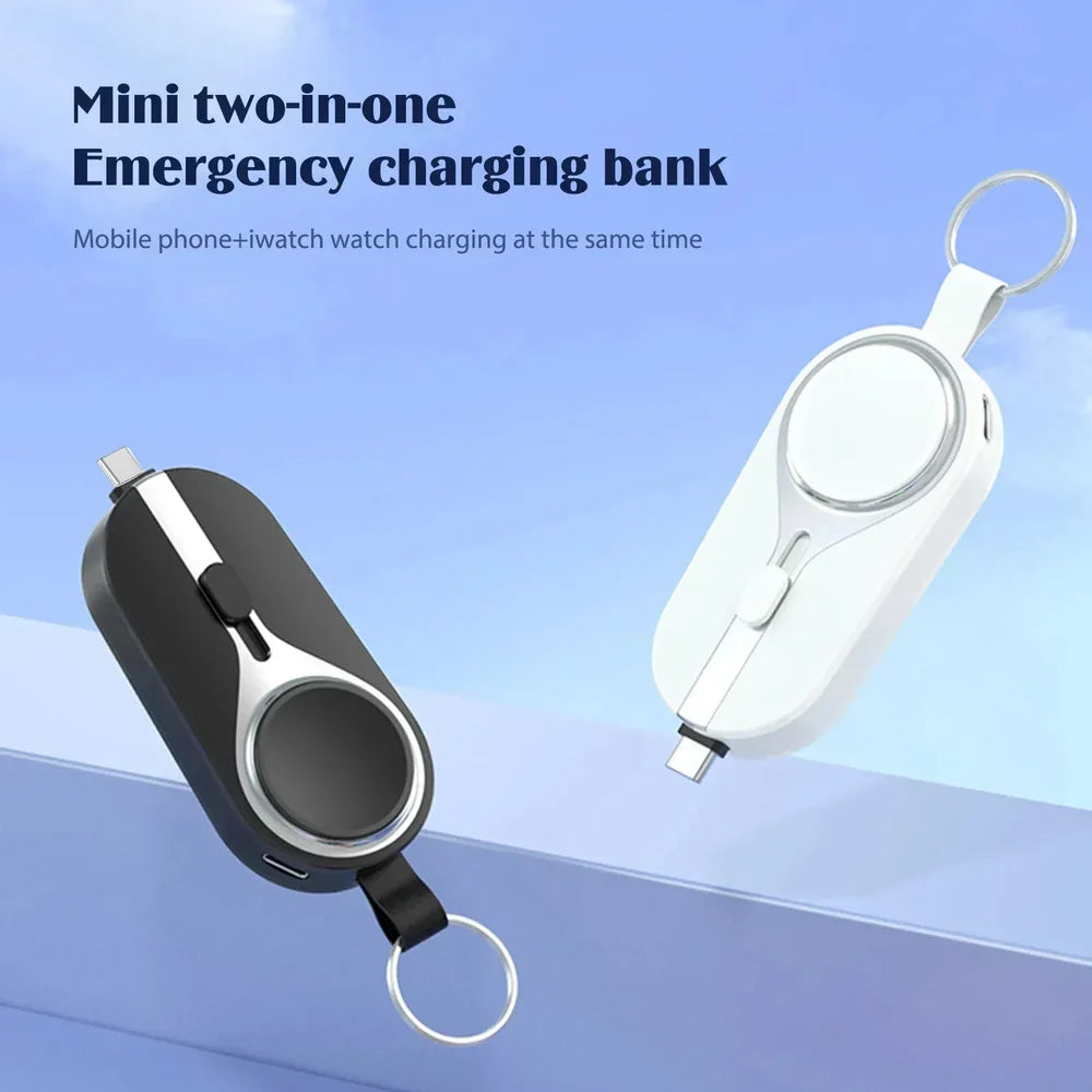 Clip-On Portable Power Bank with Wireless Charging Pad for Smartphones and Smartwatches, Lightweight Keychain Battery Pack with Carabiner At
