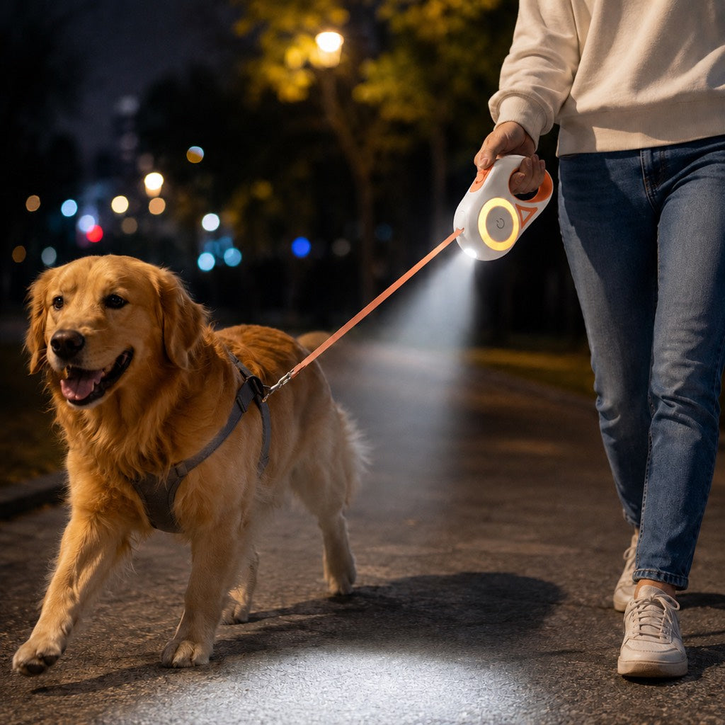 Ortekor LED Retractable Dog Leash for Night Walks - Light-Up Dog Leash with Built-In Spotlight, RGB Side Glow & One-Touch Brake for Safer Evening Walks