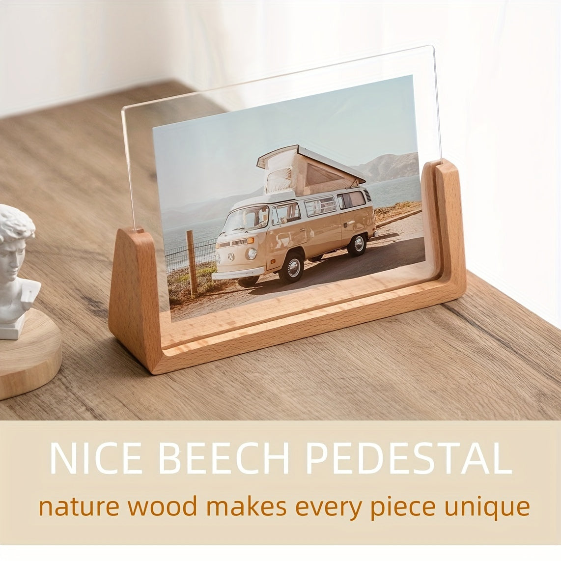 Clear Acrylic Photo Display Stand with Wood Base – Portrait or Landscape Picture Holder for Desk, Shelf, Bedroom Decor