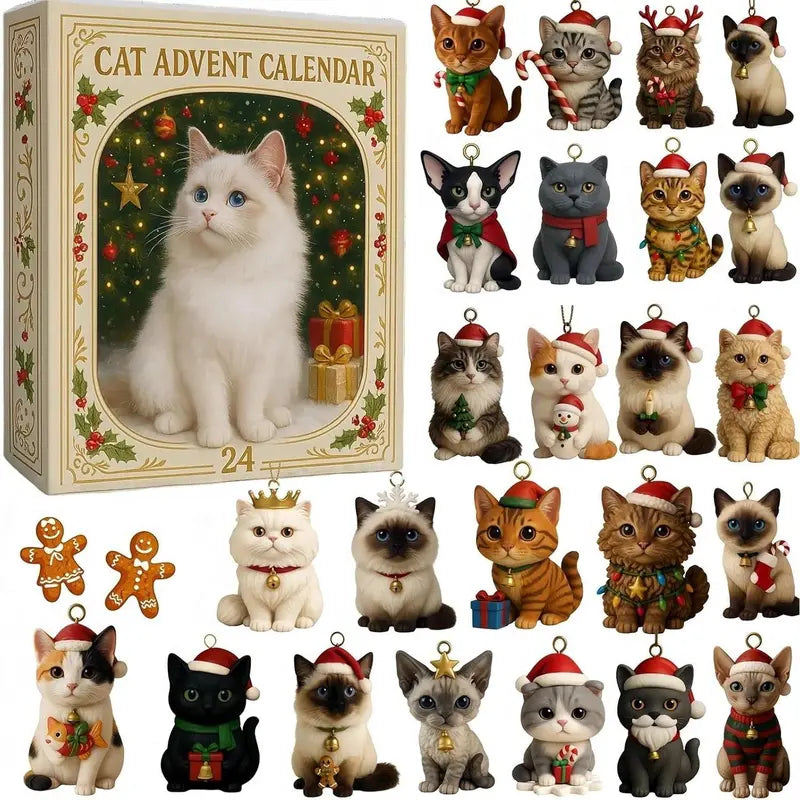 Holiday Countdown Calendar with 24 Festive Feline Ornaments – Acrylic Cat Figurines for Christmas Decoration, Tree Hanging Decor, Mantel