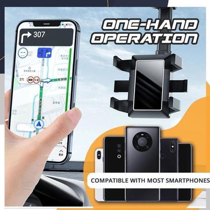 Adjustable Car Mirror Mount for Smartphones - Rotating Clip-On Device Cradle for GPS Navigation and Hands-Free Viewing While Driving