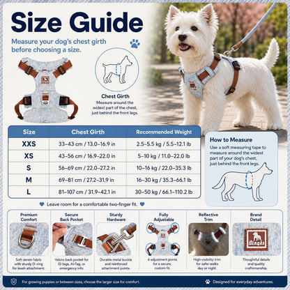 Ortekor Vintage Denim No-Pull Dog Harness &5 ft Rope Leash Set - Soft Adjustable Vest for Everyday Walks, Better Control & Low-Light Visibility