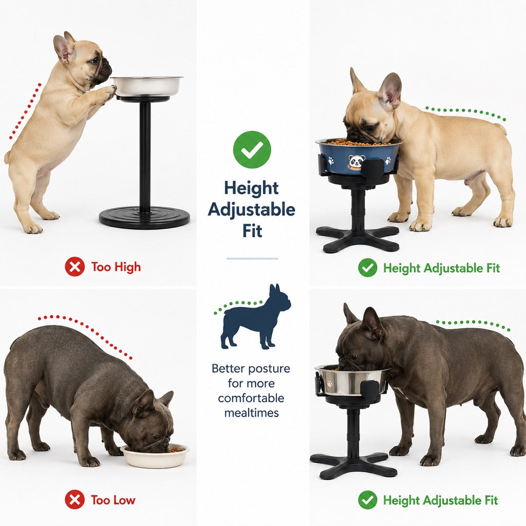 Ortekor French Bulldog Adjustable Elevated Tilted Dog Bowl for Kitchen Feeding Corners - 3-Height Stand with Slow Feeder Insert to Reduce Neck Bending & Mess