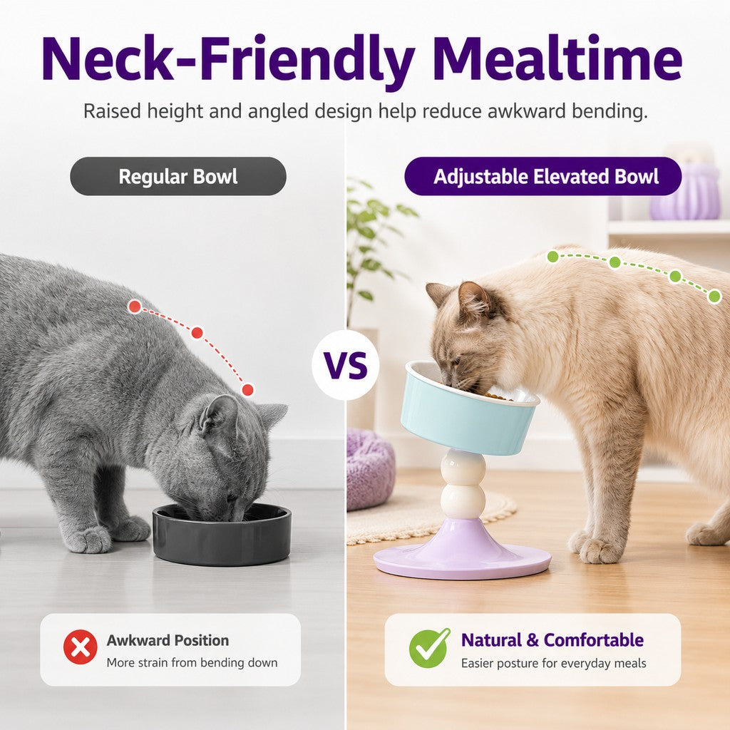 Ortekor Adjustable Elevated Pet Bowl for Cats & Small Dogs - 3 Height Modes for Comfortable Feeding