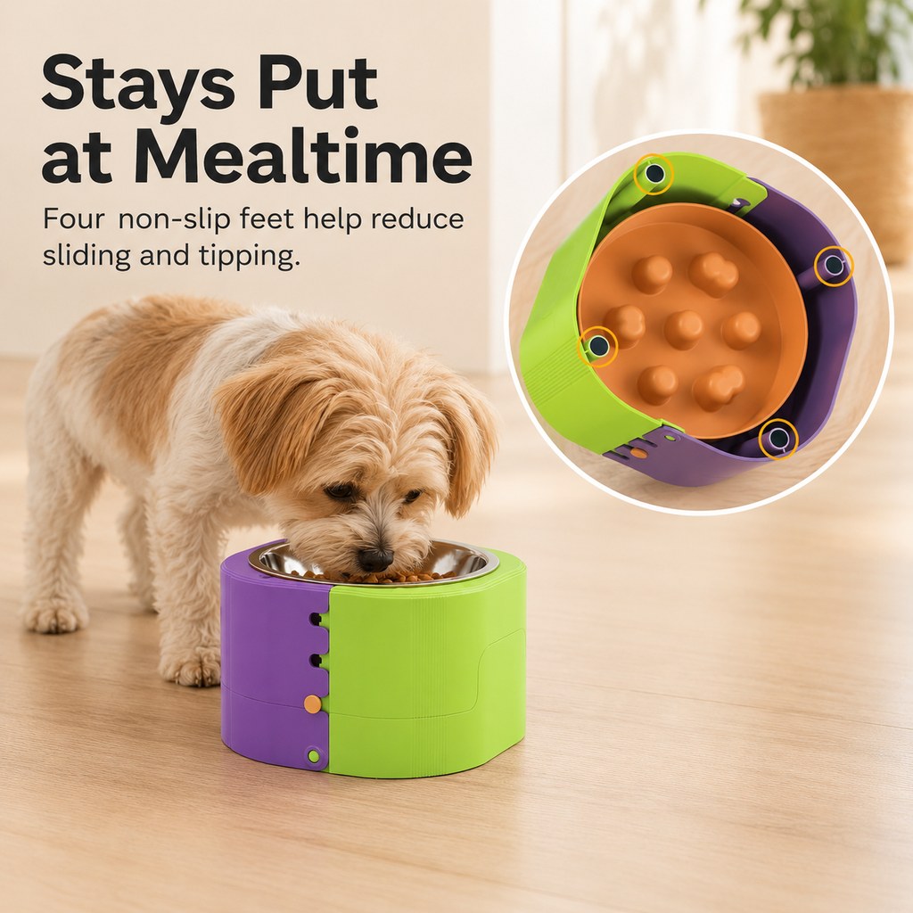 Ortekor 3-Level Adjustable Elevated Slow Feeder Bowl for Cats & Small Dogs - Stainless Steel Mealtime Bowl for Fast Eaters
