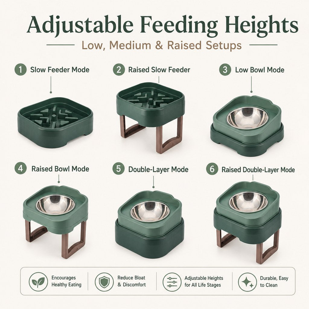 Ortekor Adjustable Elevated Slow Feeder Pet Bowl for Cats & Small Dogs - Less Mess, Slower Meals & Easy Cleaning