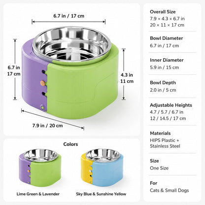 Ortekor 3-Level Adjustable Elevated Slow Feeder Bowl for Cats & Small Dogs - Stainless Steel Mealtime Bowl for Fast Eaters