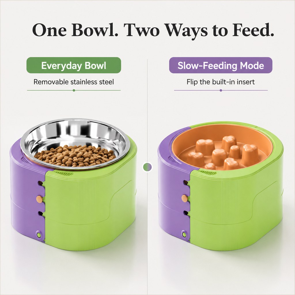 Ortekor 3-Level Adjustable Elevated Slow Feeder Bowl for Cats & Small Dogs - Stainless Steel Mealtime Bowl for Fast Eaters