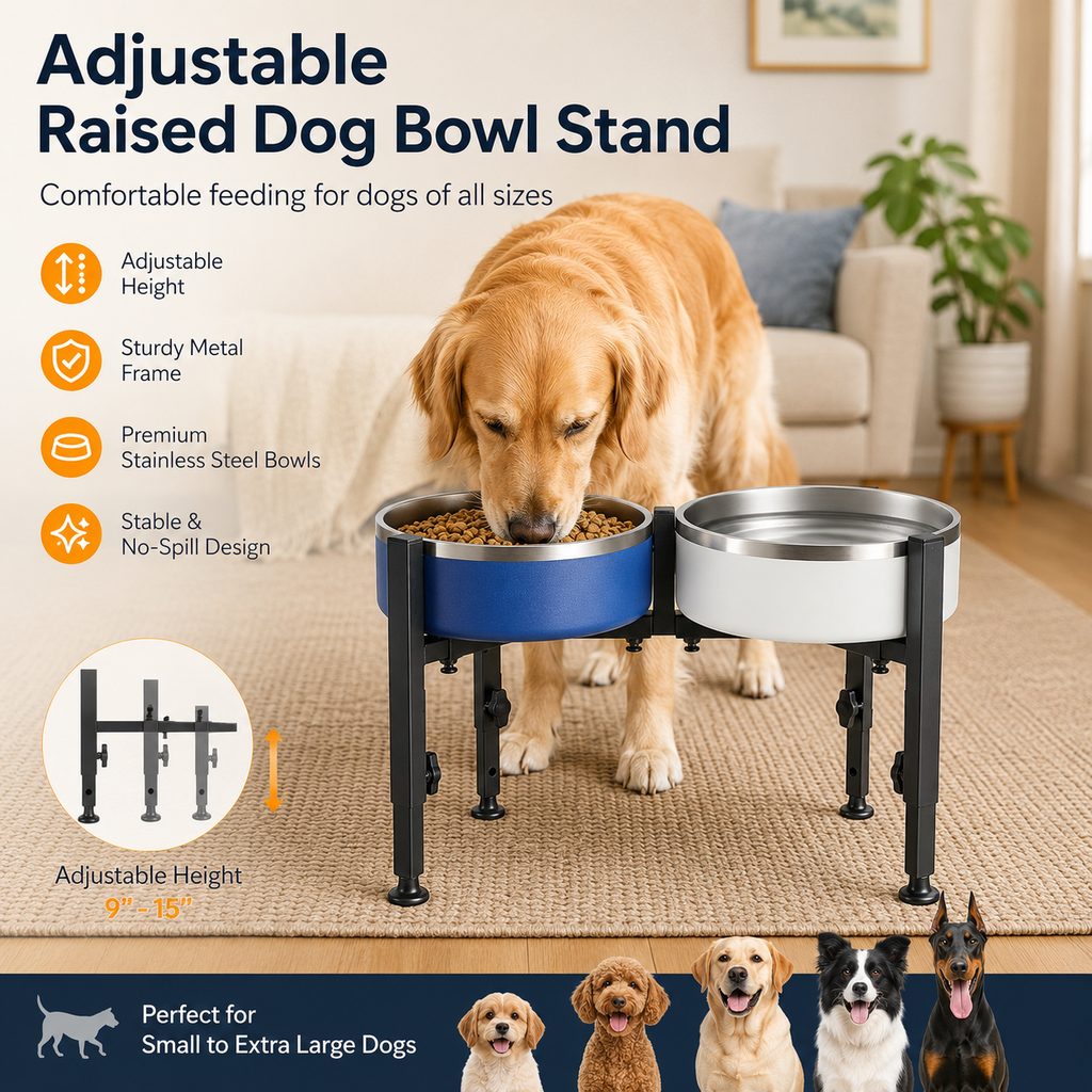 Ortekor Adjustable Raised Dog Bowl Stand for Home Feeding - No-Bend Metal Pet Bowl Holder for Cleaner, More Comfortable Meals