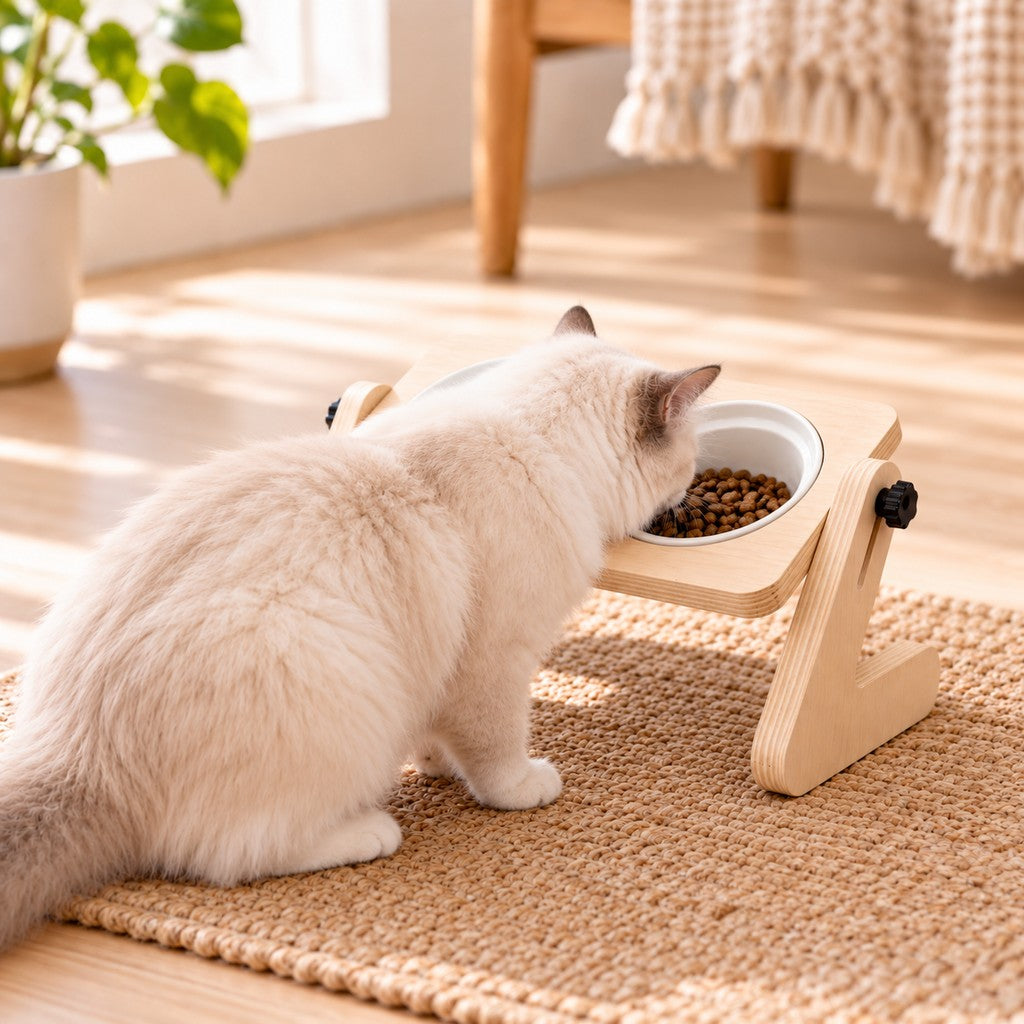 Ortekor Adjustable Wooden Elevated Pet Feeder with Double Ceramic Bowls for Cats & Small Dogs - Comfortable Feeding Station for Home Use