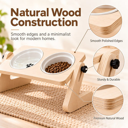 Ortekor Adjustable Wooden Elevated Pet Feeder with Double Ceramic Bowls for Cats & Small Dogs - Comfortable Feeding Station for Home Use