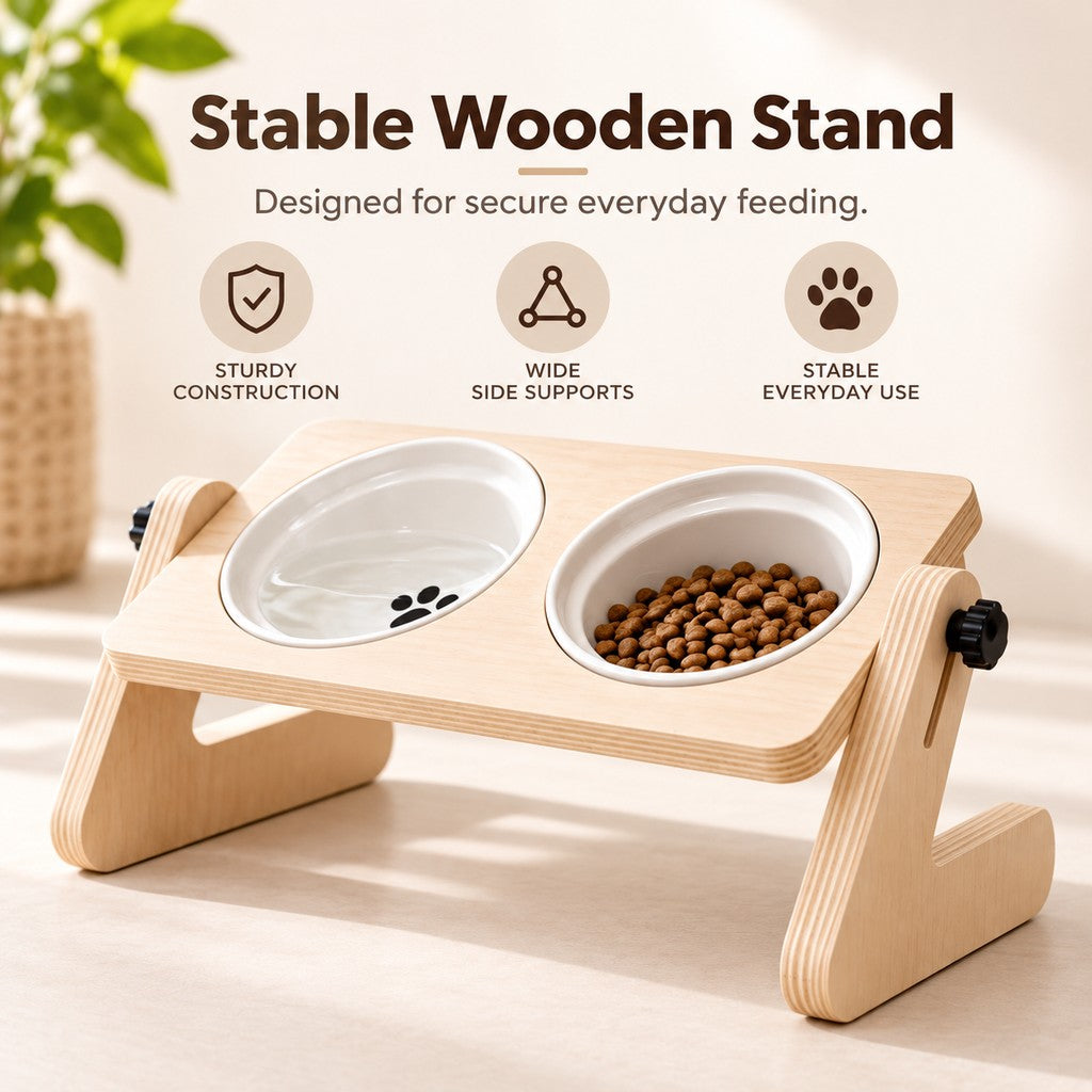 Ortekor Adjustable Wooden Elevated Pet Feeder with Double Ceramic Bowls for Cats & Small Dogs - Comfortable Feeding Station for Home Use