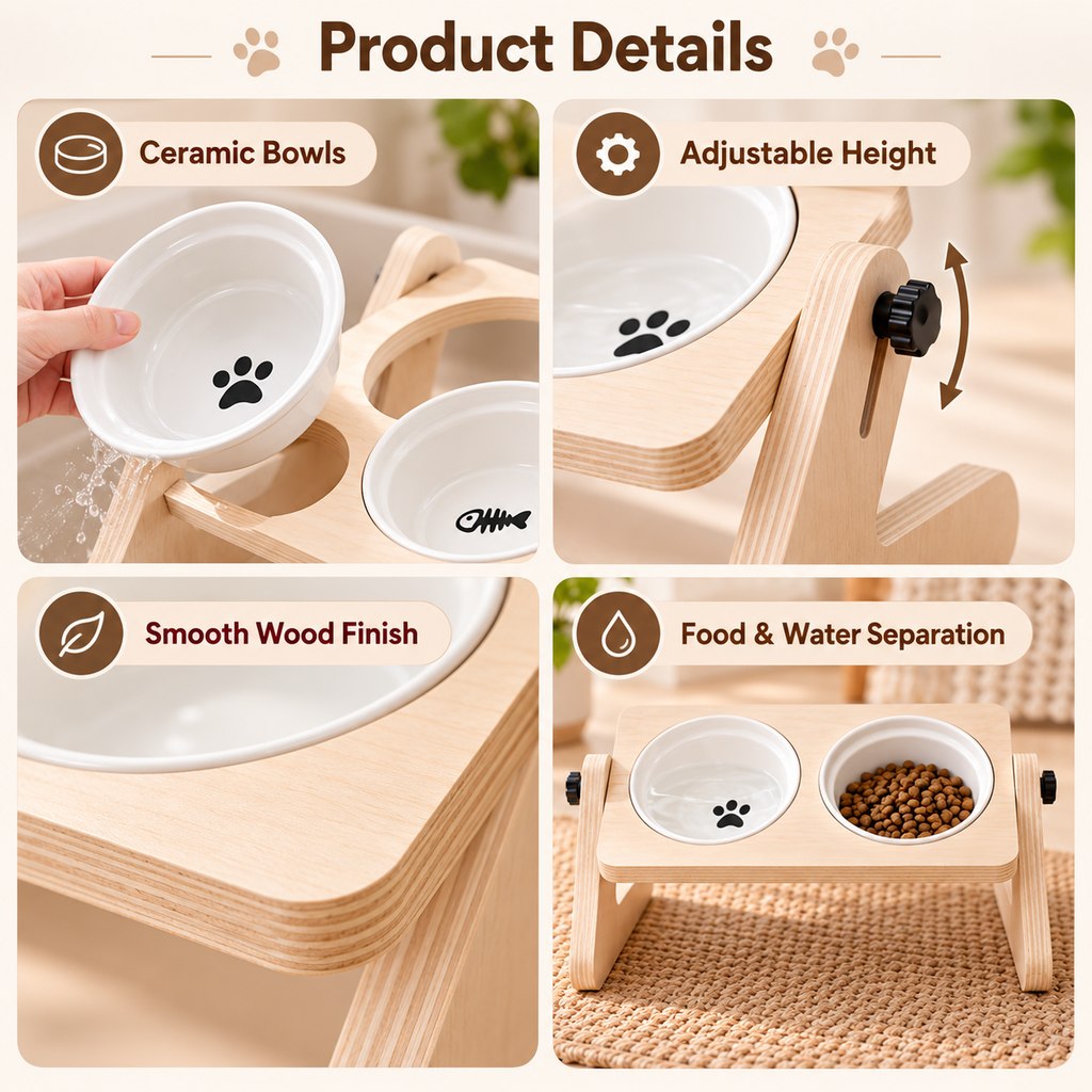 Ortekor Adjustable Wooden Elevated Pet Feeder with Double Ceramic Bowls for Cats & Small Dogs - Comfortable Feeding Station for Home Use