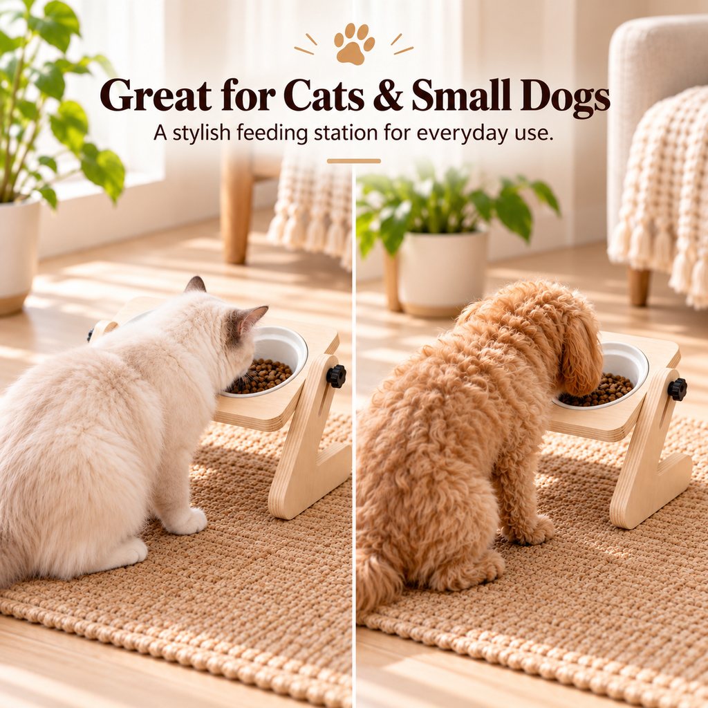 Ortekor Adjustable Wooden Elevated Pet Feeder with Double Ceramic Bowls for Cats & Small Dogs - Comfortable Feeding Station for Home Use