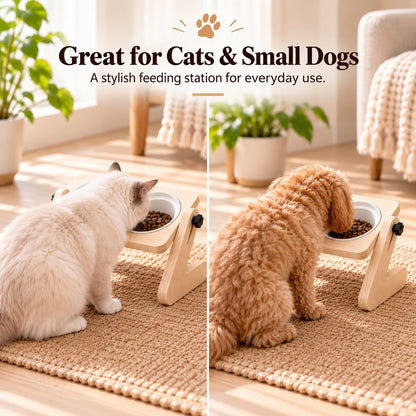 Ortekor Adjustable Wooden Elevated Pet Feeder with Double Ceramic Bowls for Cats & Small Dogs - Comfortable Feeding Station for Home Use