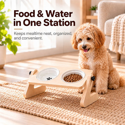 Ortekor Adjustable Wooden Elevated Pet Feeder with Double Ceramic Bowls for Cats & Small Dogs - Comfortable Feeding Station for Home Use
