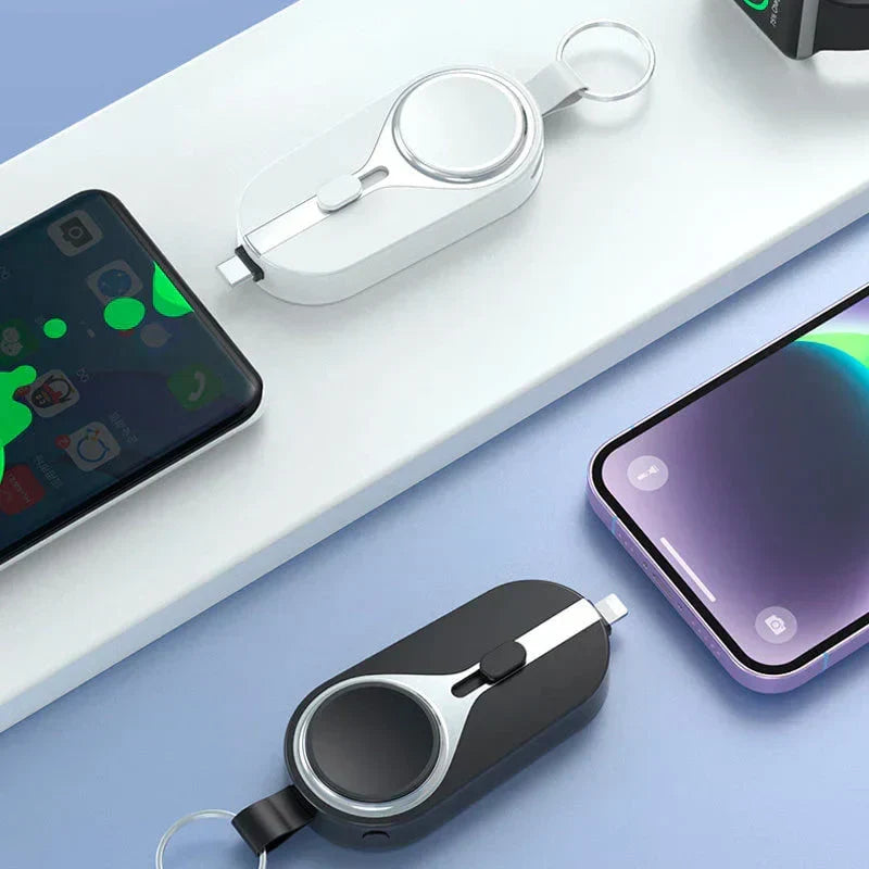 Clip-On Portable Power Bank with Wireless Charging Pad for Smartphones and Smartwatches, Lightweight Keychain Battery Pack with Carabiner At