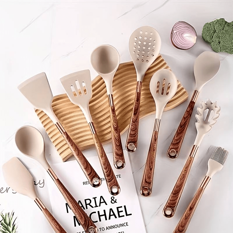 Cooking Utensil Set 10-Piece Heat Resistant Silicone Tools Non-Stick Safe Ergonomic Wood Grain Handles for Baking Serving Everyday Kitchen U