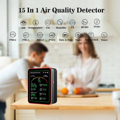 Monitor de calidad del aire interior 15 en 1 con WiFi: detector de CO2, COV, formaldehído y PM2.5 en tiempo real para el hogar, la oficina y automatización inteligente