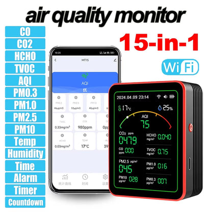 Monitor de calidad del aire interior 15 en 1 con WiFi: detector de CO2, COV, formaldehído y PM2.5 en tiempo real para el hogar, la oficina y automatización inteligente