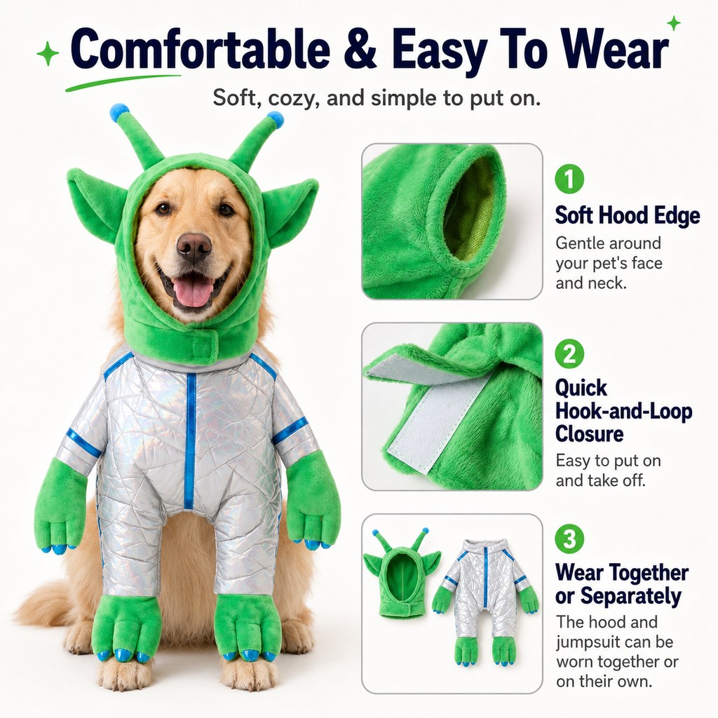 Ortekor Green Alien Pet Costume for Dogs & Cats - Funny Halloween Transformation Outfit for Pet Parties, Photoshoots & Costume Events