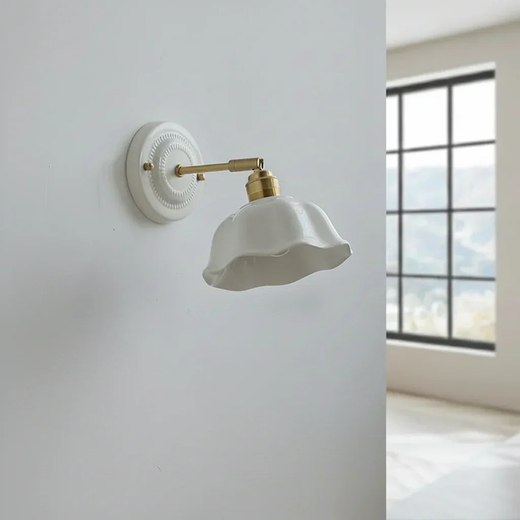Adjustable Swing Arm Sconce with Porcelain Shade 7 in White & Copper Finish Task Light for Bedroom Nightstand Living Room Wall Accent